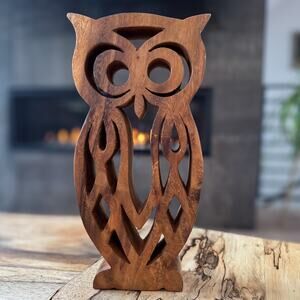 Hand-Carved Wood  Rustic Folk Owl Sculpture - 12" Openwork Decorative Figurine